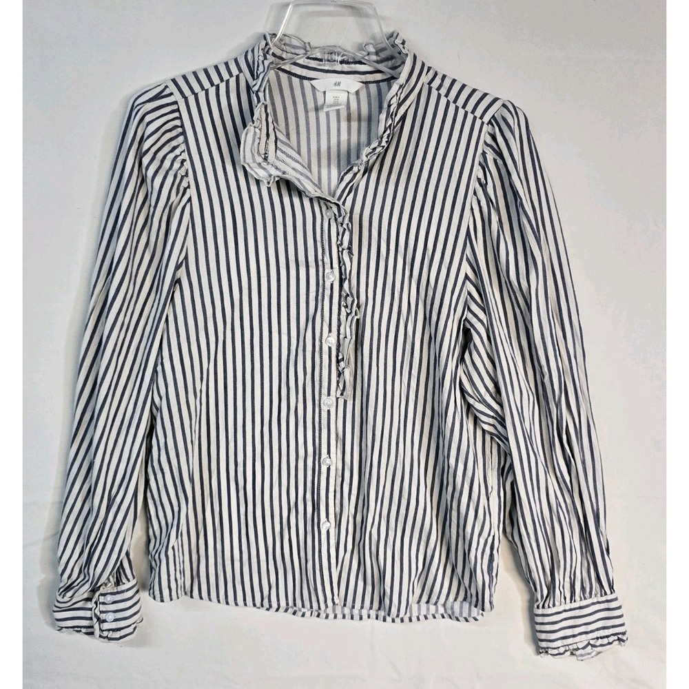 H&M Women's Blouse Blue Striped M Ruffle Collar